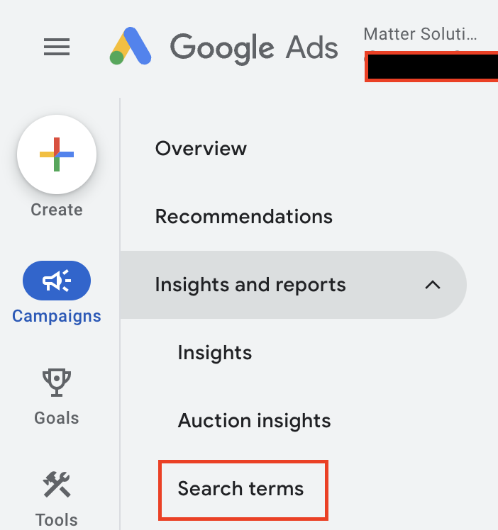 Google Ads Interface - Search Terms Not Near Keywords